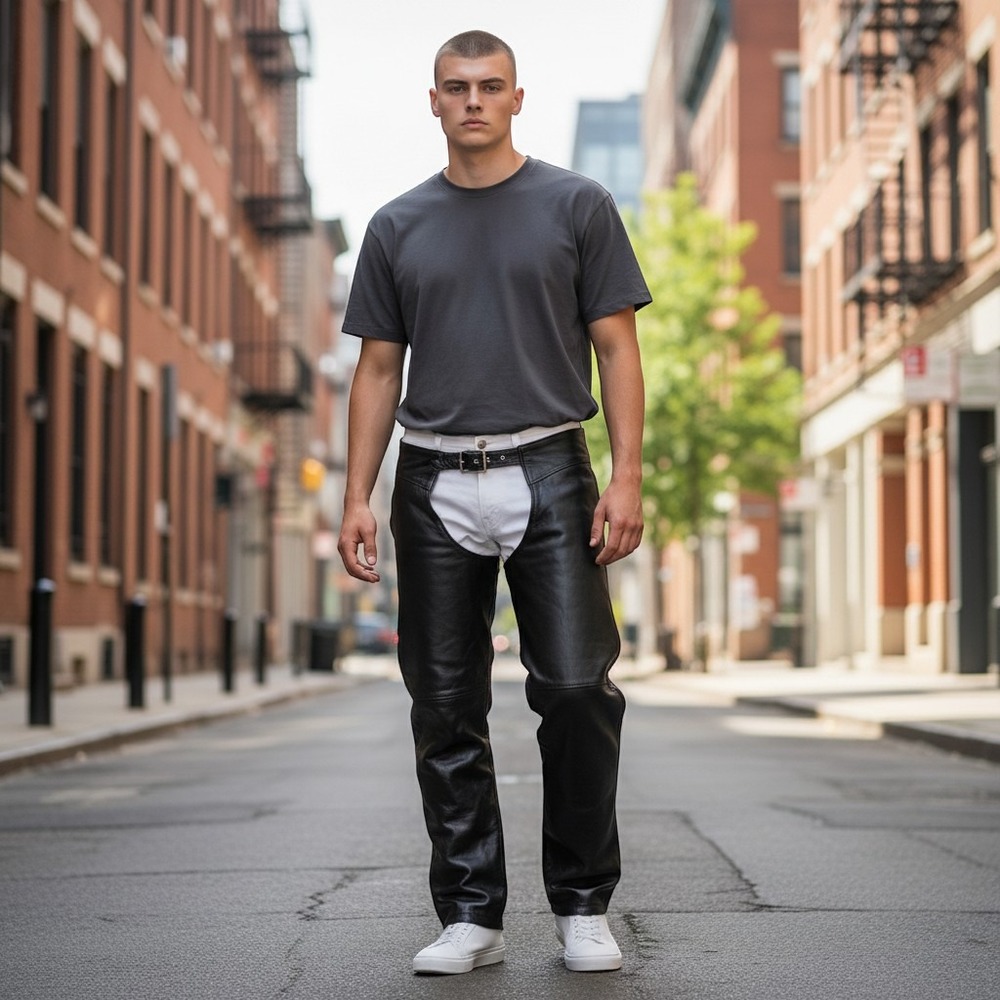 Unisex Motorcycle Chaps Pants 3XL Black Leather Waist Belted Snap Ankle Zipper